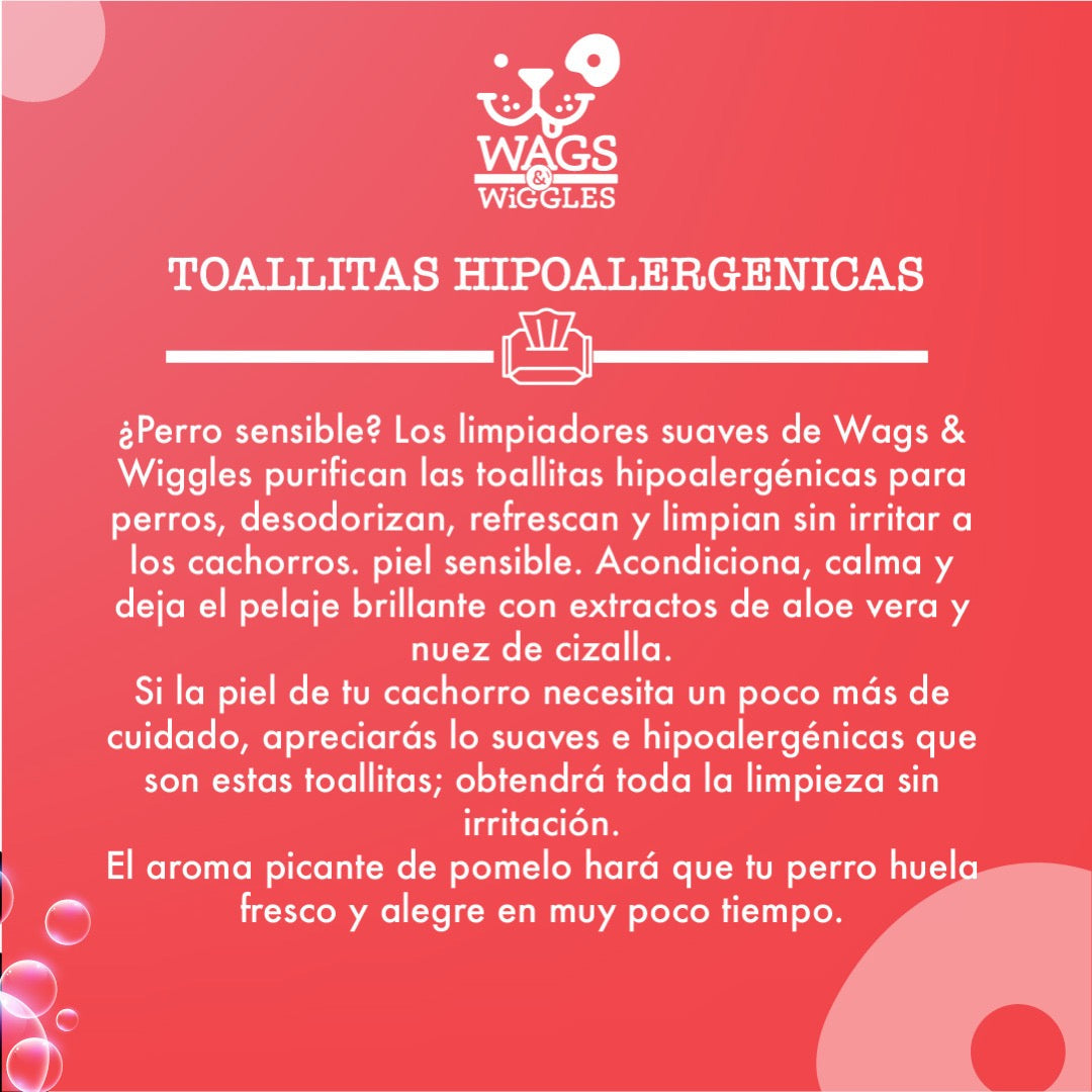 Toallitas hipoalergénicas para perro Whiskers & Wiggles, refrescan y limpian. 100 Toallitas