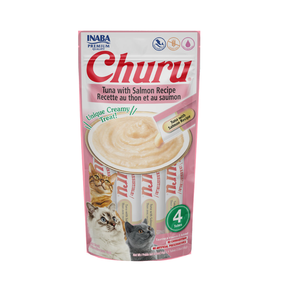 Inaba Churu Sabor Atún y Salmón, Snack Premio Cremoso para Gatos - 4 tubos 14gr cu