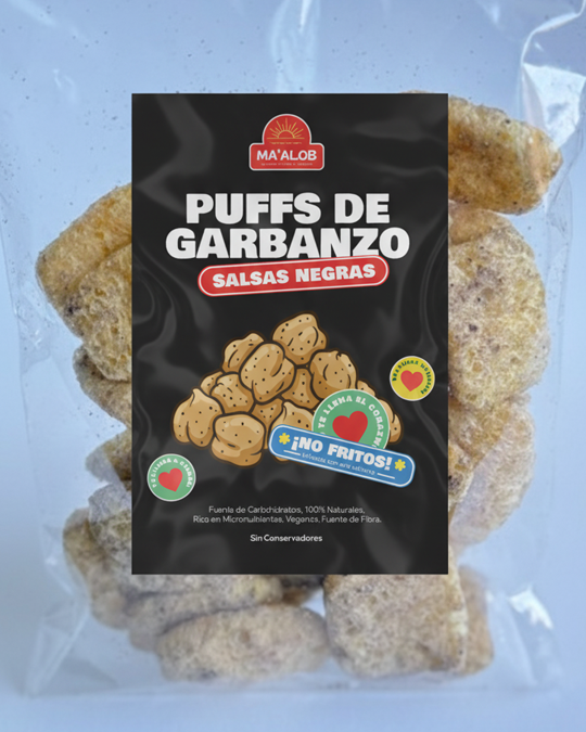 Puffs de Garbanzo Salsas Negras Ma’alob | Snack Vegano 600 g. - Caja 20 Piezas