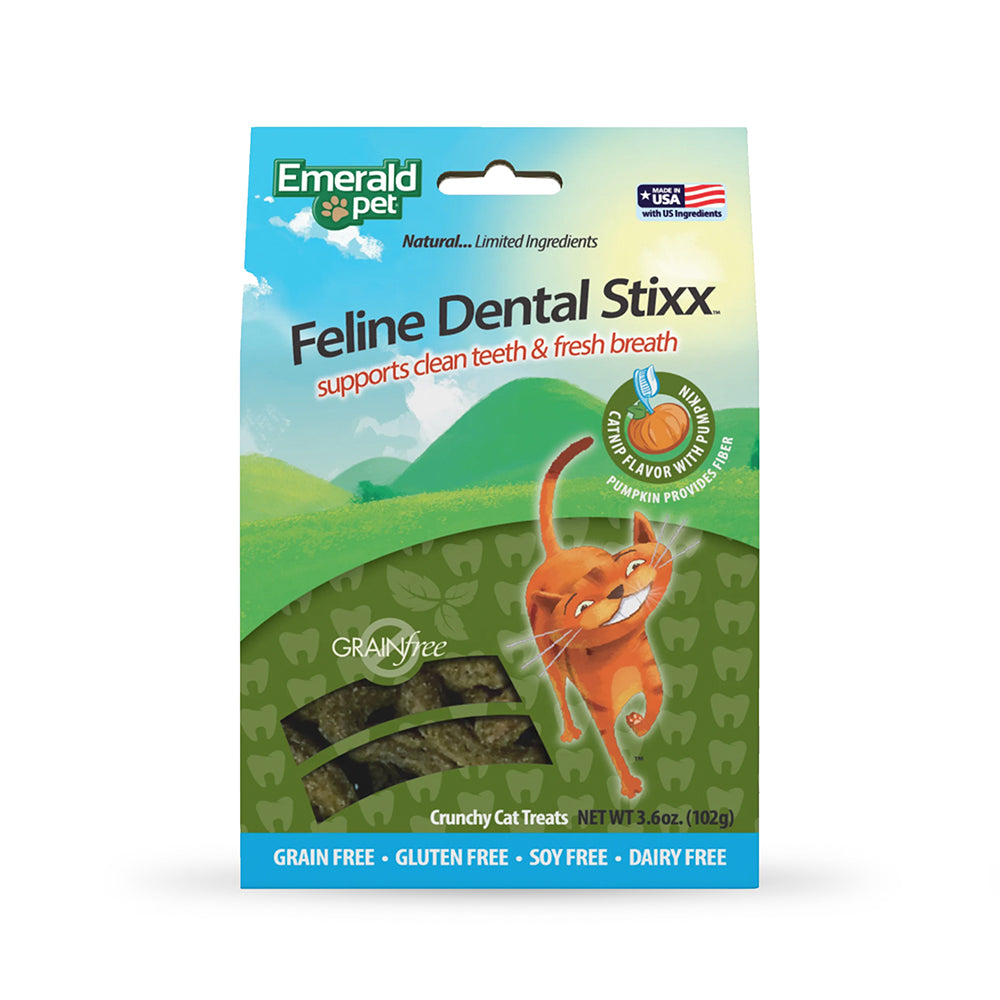 Premios Para Gatos Dental Stixx, Emerald Pet, Sabor Catnip y Calabaza, 102 g. - tienddy.com