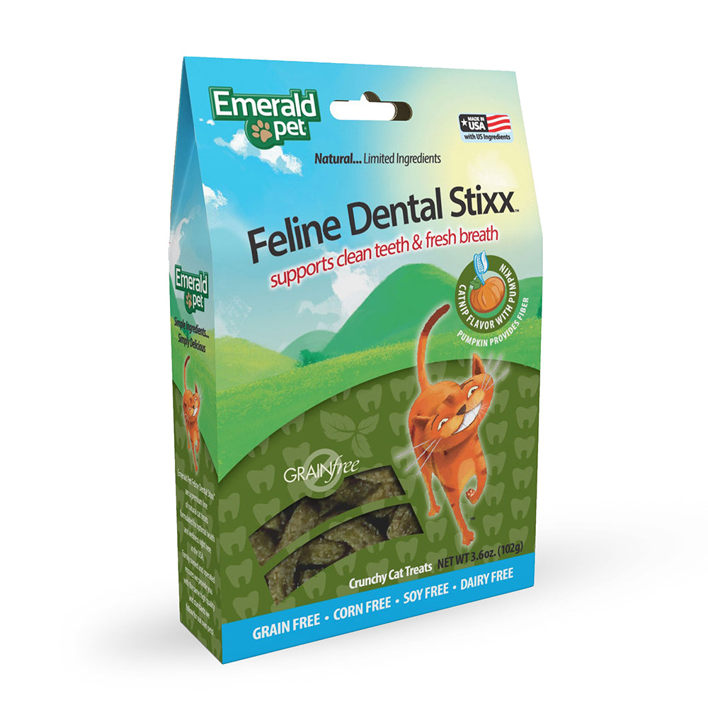 Premios Para Gatos Dental Stixx, Emerald Pet, Sabor Catnip y Calabaza, 102 g. - tienddy.com
