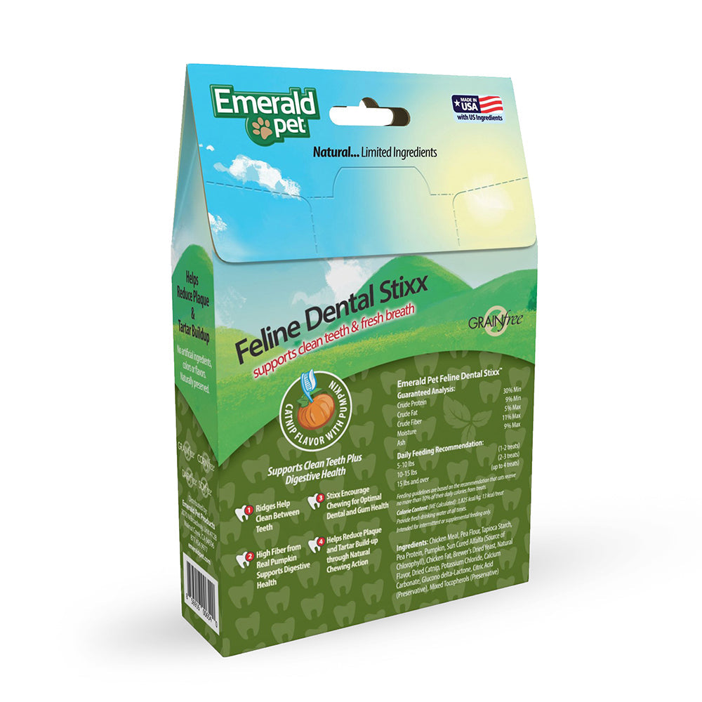 Premios Para Gatos Dental Stixx, Emerald Pet, Sabor Catnip y Calabaza, 102 g. - tienddy.com