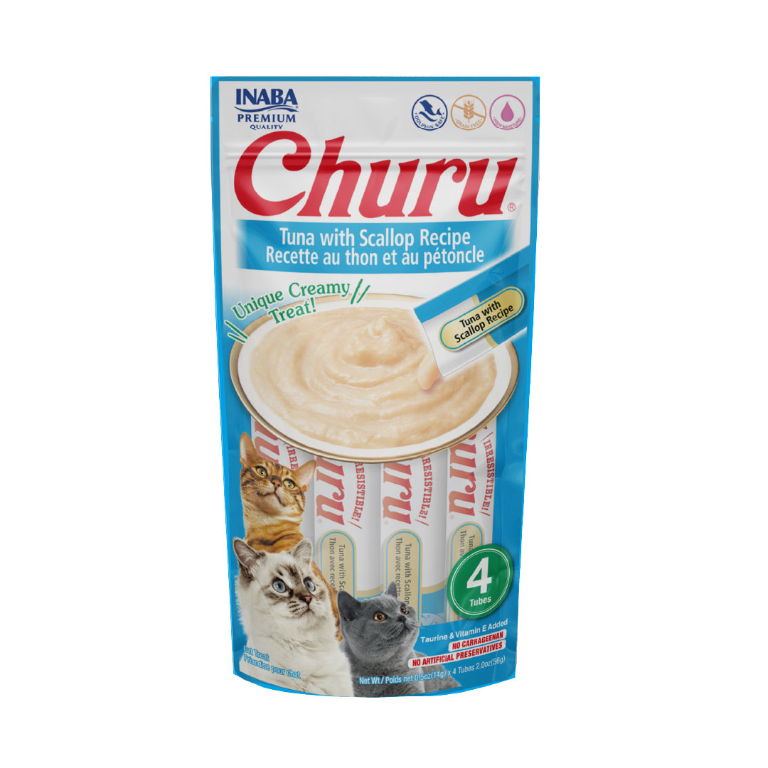 Snack Premio Cremoso para Gatos, Inaba Churu, 4 tubos de 14 g. - Atún y Callo de Hacha - tienddy.com