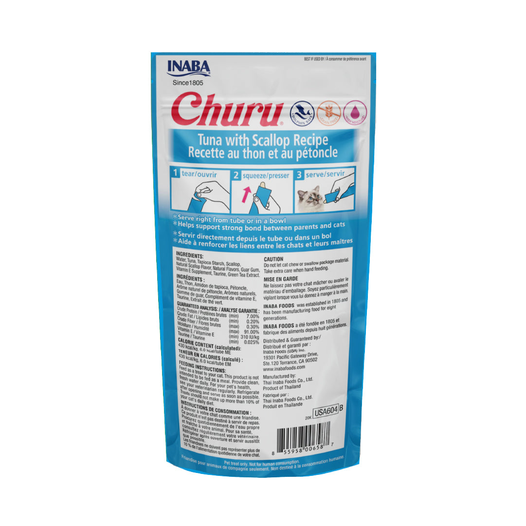 Snack Premio Cremoso para Gatos, Inaba Churu, 4 tubos de 14 g. - Atún y Callo de Hacha - tienddy.com