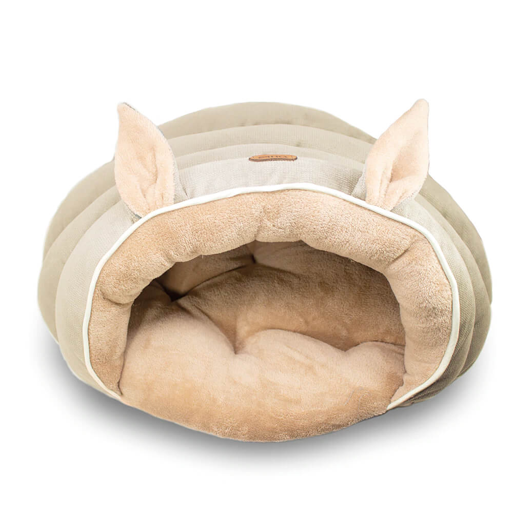 Cama para Gato estilo Cueva, Relleno 100% P.E.T. Reciclado. Color Arena - Mediano - tienddy.com