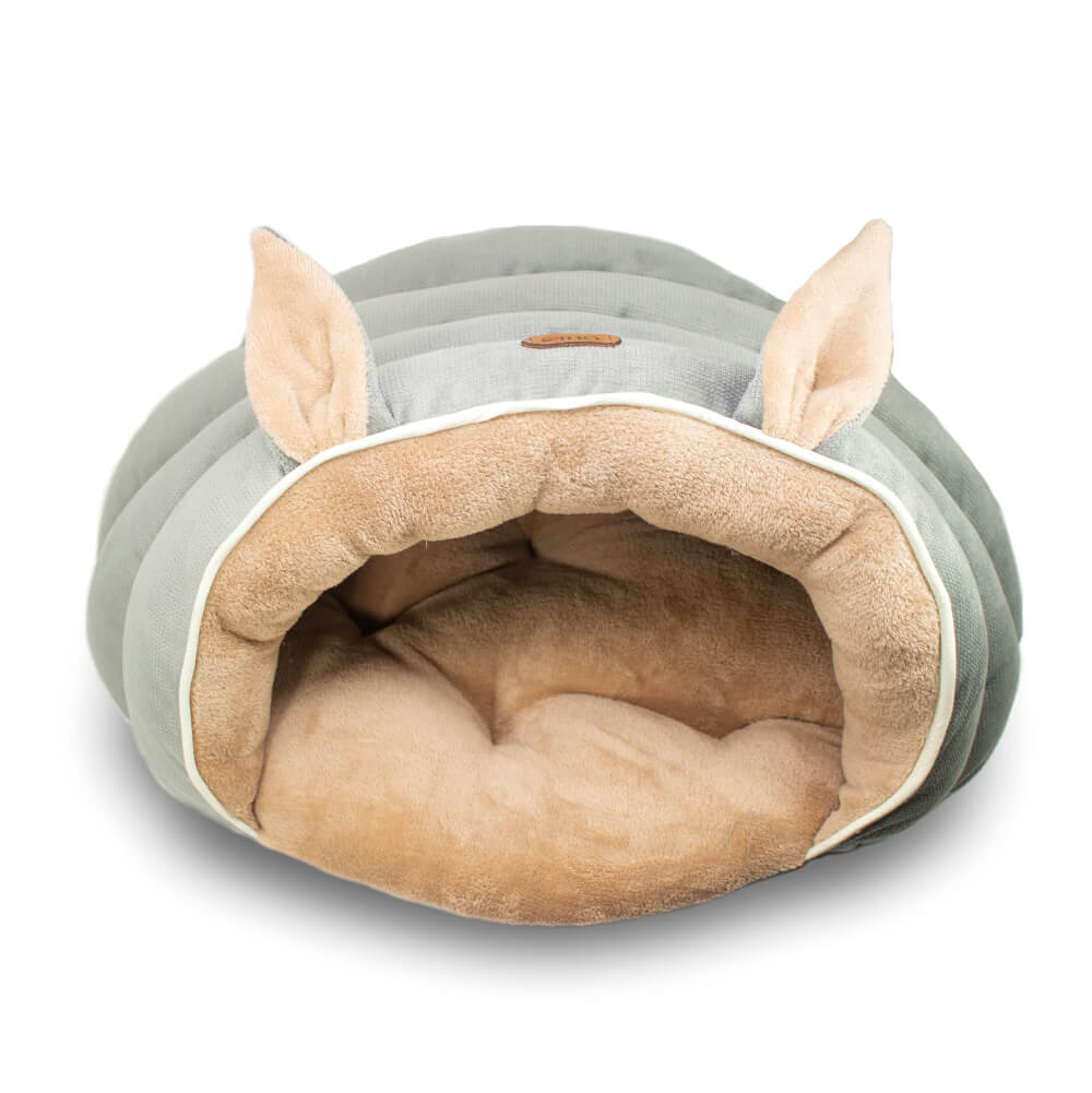 Cama para Gato estilo Cueva, Relleno 100% P.E.T. Reciclado. Color Gris - Mediano - tienddy.com